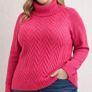 Talbots Plus 3X Pink Turtleneck Sweater Chevron Knit Textured Cotton Blend Cozy